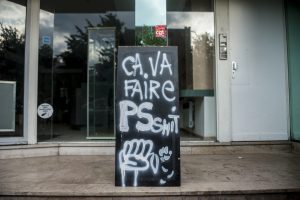 LILLE, FRANCE – JULY 4: A sign against the Socialist Party is put beside the entrance to the meeting in Lille, France on july 4.
Supporters of the policy of the socialist government, led by Stéphane Le Foll and Patrick Kanner in the region held a meeting Monday night in Lille Gym, to restore confidence to the militants and provide them with arguments.