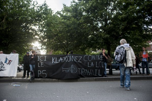 LILLE, FRANCE – JULY 4: Activists against the reform of labor law have meetings before the Gymnasium with a banner saying that the Socialist Party is and must honk against the labor law in Lille, France on july 4.
Supporters of the policy of the socialist government, led by Stéphane Le Foll and Patrick Kanner in the region held a meeting Monday night in Lille Gym, to restore confidence to the militants and provide them with arguments.